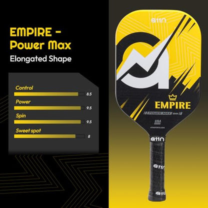 A11N SPORTS Empire Thermoformed Edgeless Pickleball Paddle | Carbon Fiber Face with SuperGrit Texture for Ultimate Spin | Longer Handle for Double-Handed Backhand - style: PowerMax丨Yellow
