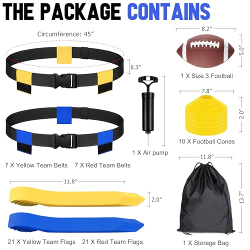BORNEW Flag Football Set - 14/20 Player Adjustable Belts with Cones, Football, Pump, Bag, for Youth and Adults Training - color: 3.yellow Blue, style: 14 Player Kit