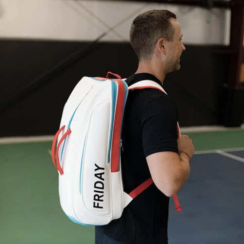 Friday Pickleball Equipment Backpack, Two Padded Paddle Compartments, Six Zippered Pockets, Durable Nylon Material, Separate Shoe Compartment, Ergonomic Handles and Shoulder Straps
