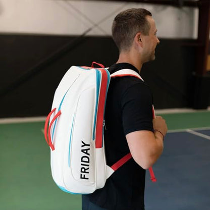 Friday Pickleball Equipment Backpack, Two Padded Paddle Compartments, Six Zippered Pockets, Durable Nylon Material, Separate Shoe Compartment, Ergonomic Handles and Shoulder Straps