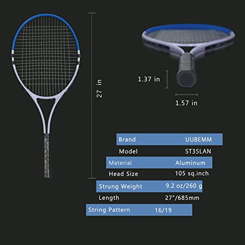 Tennis Racket Pre-Strung Lightweight 27 Inch Racquet Recreational Adult Rackets for Men Women Students Training Tennis Starter Kit with Balls,Carry Bag and Overgrips - color: Blue/White - 2 Rackets