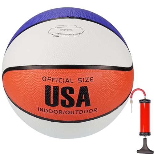 Rubber Basketball Indoor Outdoor | Official Size 5 & 7 Street Basketball with Pump | Durable Deep Channel Grip Ball for Training & Recreational Play - color: Red + White + Blue, size: 5