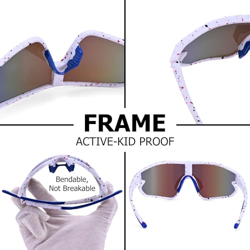 Kids Baseball Sunglasses - Youth Baseball Sunglasses for Boys Girls - Sports Softball Shades Age 6-14 - color: B1 White / Blue Mirror