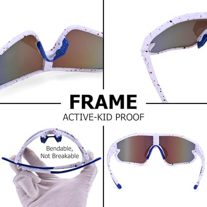 Kids Baseball Sunglasses - Youth Baseball Sunglasses for Boys Girls - Sports Softball Shades Age 6-14 - color: B1 White / Blue Mirror