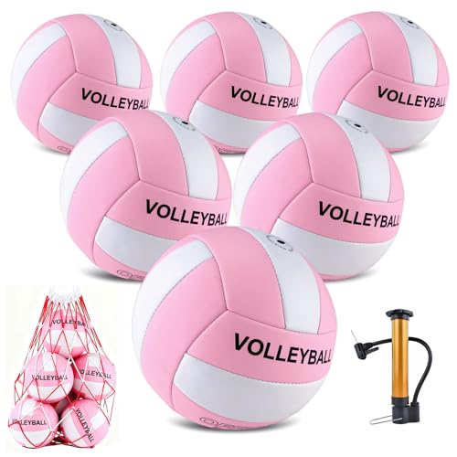 6 Pack Volleyballs Official Size 5, Soft Bulk Recreational Volley Balls with Pump and Net Bag for Indoor Outdoor Beach Pool Water Sand Game Training Match for Beginner - color: Light Pink