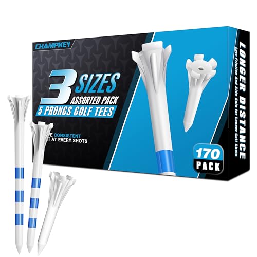 CHAMPKEY Professional 170 Pack 5-Prong Plastic Golf Tees 3 Sizes Assorted Pack - 100 Pcs 3-1/4" with 40 Pcs 2-3/4" and 30Pcs 1-1/2" Golf Tees Plastic