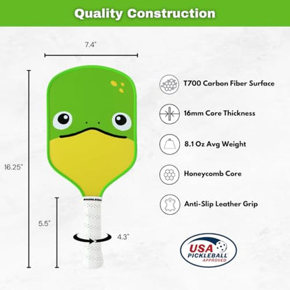 Funny Pickleball Paddles | USAPA Approved Paddle | T700 Carbon Fiber Surface | Propropylene Honeycomb Core | Non-Slip Cushion Grip | Single Paddle | High Grit & Spin | Fun Design - color: Frog