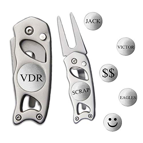 Indiana Metal Craft Switchblade Golf Divot Repair Tool Stainless Steel Personalized with 2 Ball Markers (1 Spare), Silver