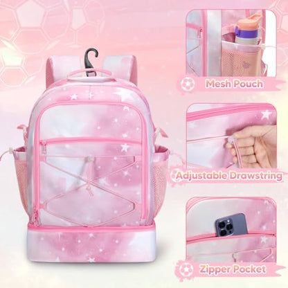 Smasrob Soccer Bags for Girls with Separate Ball Pocket and Shoe Compartment, Sports Backpack for Soccer, Basketball, Volleyball - color: Pink