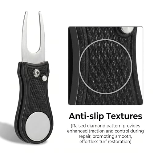 Mile High Life Golf Divot Repair Tool, All Metal Foldable Divot Tool with Pop-up Button & Magnetic Ball Marker - color: Black Bone