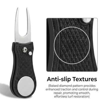 Mile High Life Golf Divot Repair Tool, All Metal Foldable Divot Tool with Pop-up Button & Magnetic Ball Marker - color: Black Bone