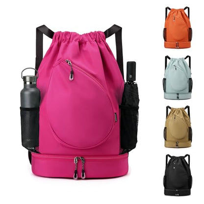 Sports Drawstring Backpack, Badminton Gym Bag Holds 2 Rackets with Shoe Compartment, Off-work, Everyday & Overnight Weekend - color: Fuchsia
