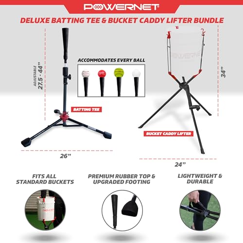 PowerNet Corbin Carroll Baseball Softball Deluxe (2.5 lbs) Batting Tee + Bucket Caddy Lifter Bundle, Training and Drills, Adjustable Height Tee 27.5" - 44", Lifter Holds All Standard Buckets