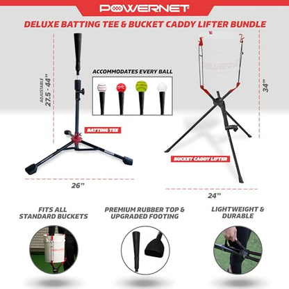 PowerNet Corbin Carroll Baseball Softball Deluxe (2.5 lbs) Batting Tee + Bucket Caddy Lifter Bundle, Training and Drills, Adjustable Height Tee 27.5" - 44", Lifter Holds All Standard Buckets