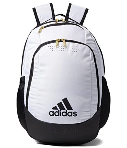 adidas Defender Sports Backpack with Shoe Compartment, Soccer Bag - color: White/Black/Gold Metallic