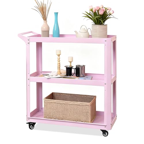 3 Tier Metal Utility Rolling Cart with Wheels, Heavy Duty Storage Organizer Trolley Cart for Kitchen, Bathroom, Office, Bedroom – Multi-Purpose 330Lbs Capacity Utility Cart on Wheels, Pink - color: Pink