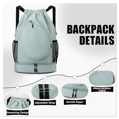 Sports Drawstring Backpack, Badminton Gym Bag Holds 2 Rackets with Shoe Compartment, Off-work, Everyday & Overnight Weekend - color: Light Blue