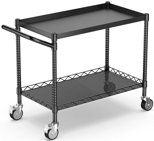 Leteuke 2 Tier Utility Tool Cart with Wheels, Heavy Duty Rolling Utility Carts with Handle, Commercial Grade Metal Serving Storage Cart for Warehouse Garage Kitchen, 25" D x 38.98" W x 40" H-Black - color: 2-black, size: 2 Tier
