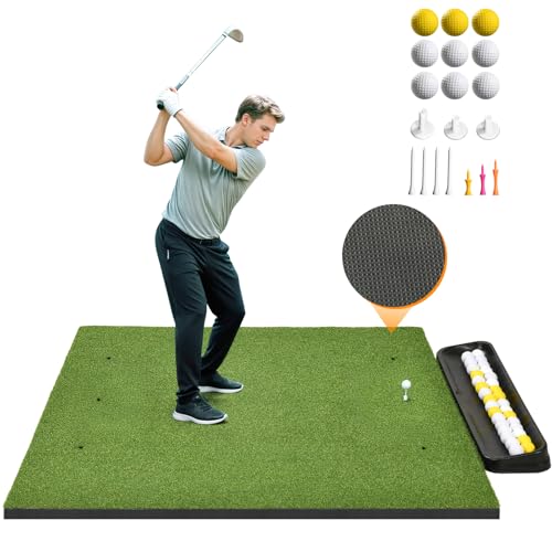 Golf Hitting Mat 5×4ft, Thickened 21/31/36mm Golf Practice Mat for Indoor Outdoor, Top-Notch Artificial Turf Driving Matt with 9 PU Balls+3 Rubber Tee+7 Tee