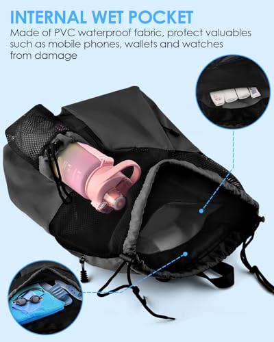 BROTOU Swim Bag Beach Backpack with Wet Pocket Mesh Drawstring Bags for Swimming, Gym - color: Black