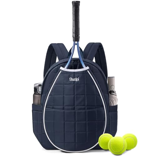 Tennis Bags for Women, Quilted Tennis Racket Bag Backpack for Tennis Racquet, Pickleball Paddles, Badminton - color: Blue & White, size: Medium