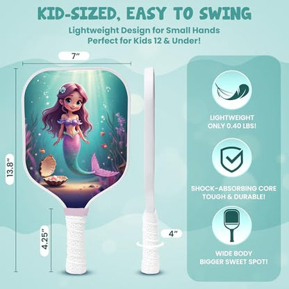 Kids Pickleball Paddle Designed for Ages 3–12 | Lightweight Fiberglass (0.37 lbs) | Small Grip for Easy Control | Fun Beginner Gift for Girls, Toddlers & Youth - color: Mermaid