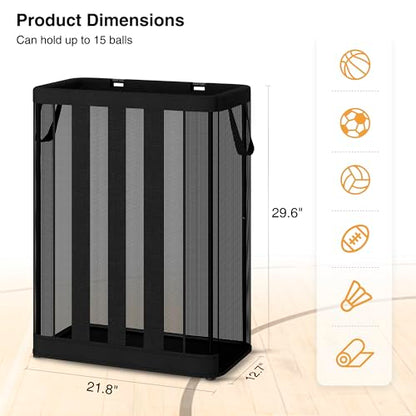 STO STO Ball Storage Basket, Wall-Mounted or Freestanding Garage Ball Organizer Holder, Holds up to 15 Balls, Sports Equipment Organizer with Elastic Front Access for Garage, Gym, Playroom, Black