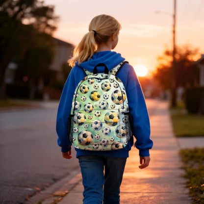 Soccer Backpack for Kids & Youth, 16 Inch Tennis-Themed School Bookbag, Lightweight Polyester Daypack with Front Zip Pocket, Side Bottle Pocket, Padded Adjustable Straps, Unisex - color: Soccer