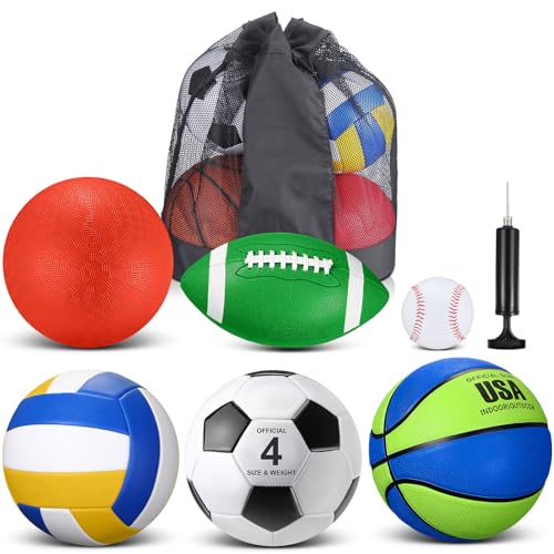 Realspring 6 Pcs Kids Sport Ball Set Includes Official Size Soccer, Basketball, Football, Volleyball, Playground Ball, Baseball with Bag & Pump Back to School Gift for Teens Outdoor Sport Play - color: Green