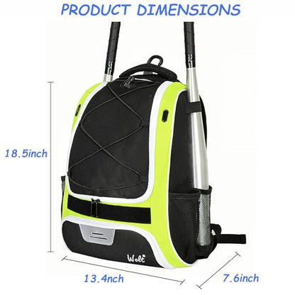 WOLT Youth Baseball Bag - Bat Backpack for Baseball, T-Ball & Softball Equipment & Gear, Bat & Glove Holder, Large Main Compartment for Helmet & accessories, Separate Shoes Compartment, Fence Hook - color: Green