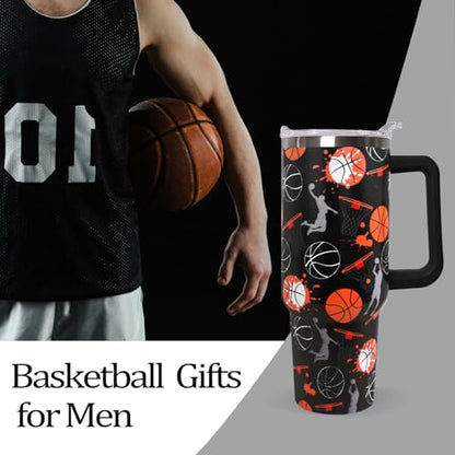 Ceovfoi 40 oz Basketball Coffee Mug Cup Vacuum Insulated Travel Tumbler with Handle Lid and Straw,Basketball Coach Gifts,Accessories Stuff - color: Basketball