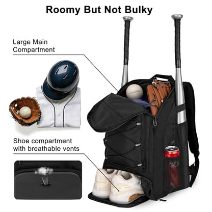 Goloni 40L Baseball Bag, Softball Bat Bag with Shoes Compartment,Fence Hook,Backpack for Baseball, T-Ball & Softball Equipment & Gear