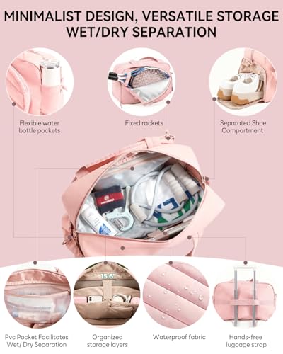 Tennis Tote Bag for Women – Waterproof Lightweight Travel Gym Bag with Shoulder Strap, Holds 2 Rackets, Pickleball & Badminton Bag with Shoe Compartment, Wet/Dry Separation, Fits 15.6" Laptop