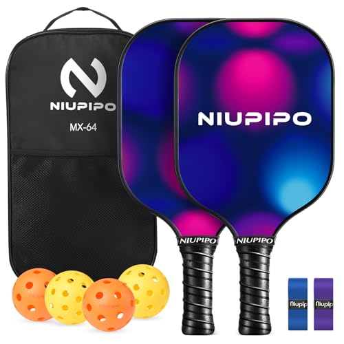 niupipo Pickleball Paddles Set of 2 or 4, USAPA Approved Fiberglass Pickleball Paddle Set with Balls and Bag, Polypropylene Honeycomb Core, Lightweight Pickleball Paddles for Beginners Men Women - color: Purple & Blue