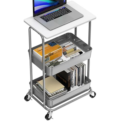 Simple Houseware 2-Tier Rolling Utility Cart with Lockable Wheels and Wood Top, Metal Storage Organizer Trolley for Kitchen, Bathroom, Office, Craft Room, White