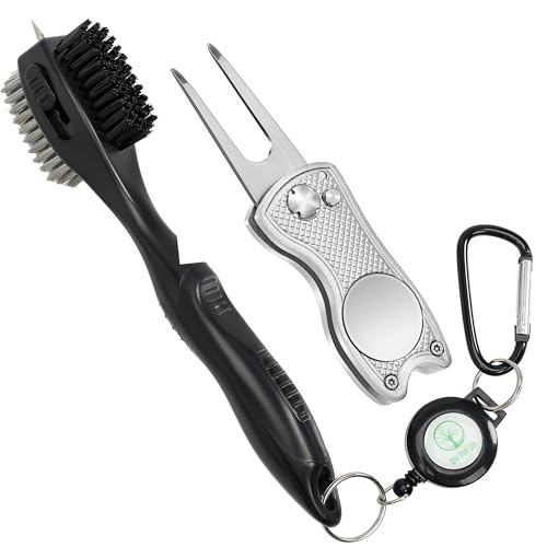 Mile High Life Golf Club Brush, Club Groove Cleaner with 2 Ft Retractable Extension Cord and Aluminum Carabiner, Golf Bag Accessories for Men and Women - color: 2 Pack (Pro Head Black Brush & Silver Divot Tool)