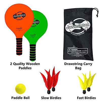 Jazzminton Select Paddle Ball Game with Carry Bag - Indoor Outdoor Toy - Play at The Beach, Lawn or Backyard - 2 Wooden Racquets - 4 Shuttlecocks - 1 Ball