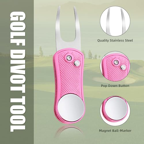 Mile High Life Golf Divot Repair Tool, All Metal Foldable Divot Tool with Pop-up Button & Magnetic Ball Marker - color: Pink Undulate