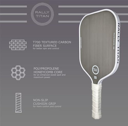 16 MM Titan Pro Control Pickleball Paddle | USAPA Approved | T700 Textured Carbon Fiber Friction Surface | Polypropylene Honeycomb Core | Rally Titan Pickleball Paddles | Single Paddle with Cover