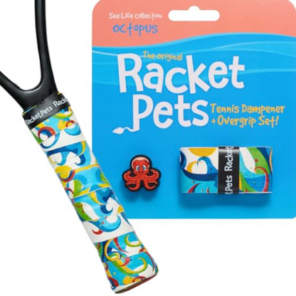 Racket Pets Kids Tennis Racket Dampener & Matching Overgrip Tape, Performance Shock Absorbing Dampener for Tennis Racket & Fun Animal Print Tennis Wrap Grip Tape - style: Octopus