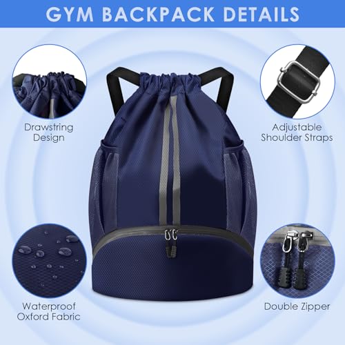 BROTOU Soccer Bags, Football Backpack, Volleyball Bag, Drawstring Backpack with Ball and Shoe Compartment, Football bags for Equipment Swim Gym Bag - color: Dark Blue