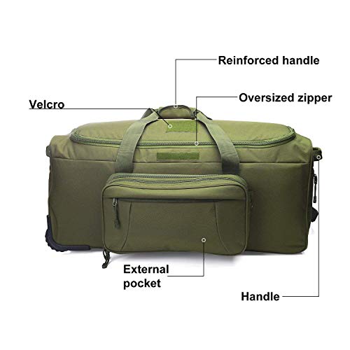 Heavy-Duty X-Large Military Tactical Wheeled Rolling Duffel Trolley Bag For Deployment Traveling Camping Sporting - color: Green