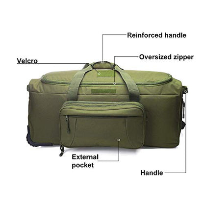 Heavy-Duty X-Large Military Tactical Wheeled Rolling Duffel Trolley Bag For Deployment Traveling Camping Sporting - color: Green