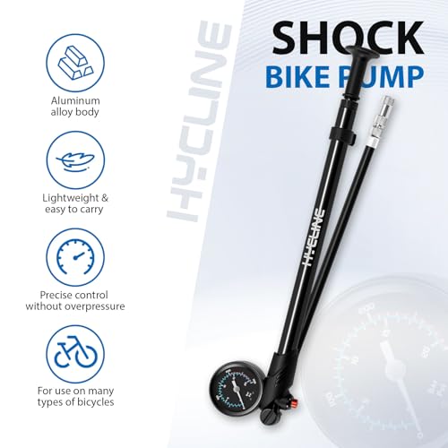 Hycline High Pressure Shock Pump with Gauge: 300 PSI Bicycle Pump for Front Fork & Rear Suspension - Mini Pump with Air Bleed for Road Mountain Bike Fits Schrader & Presta Valve