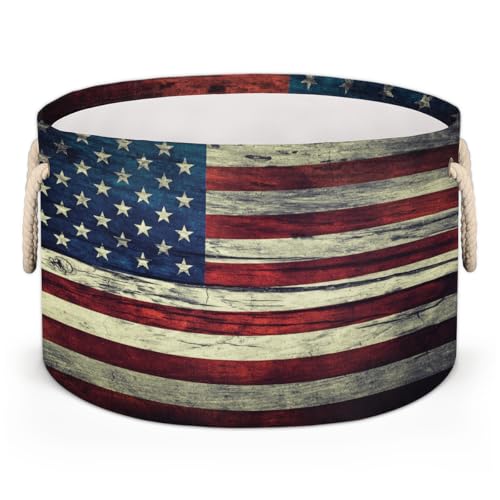 Large Round Storage Basket Vintage American Flag Collapsible Circle Storage Bin Basket Laundry Hamper With Handle for Kids Boy Girls Toy Bedroom Living Room Nursery Room Decor Storage Organizer - color: C:Flag