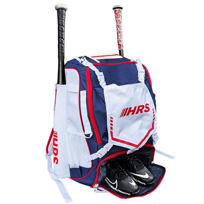 Hit Run Steal Bat Bag Backpack, Holds 4 Bats, Gloves, Helmet, and Cleats, Red, White & Blue