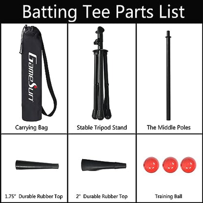 Portable Baseball Batting tee, Adjustable Tripod Tee, Set Includes 1set Batting tee, 3pcs Practice Balls, 1pc Draw-String Carry Bag
