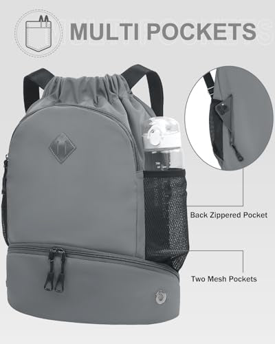 RHDZO Drawstring Backpack Gym Backpack with Shoe Compartment for Men Women String Sports Bag with Wet Pocket Cinch Swim Beach Bag, Large Gray - color: Large Gray