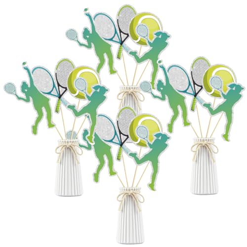 16 Pcs Tennis Collection Table Toppers - Tennis Theme Birthday Table Centerpieces Sticks,Tennis Racket Ball Player Sport Themed Bday Party Supplies - color: Green