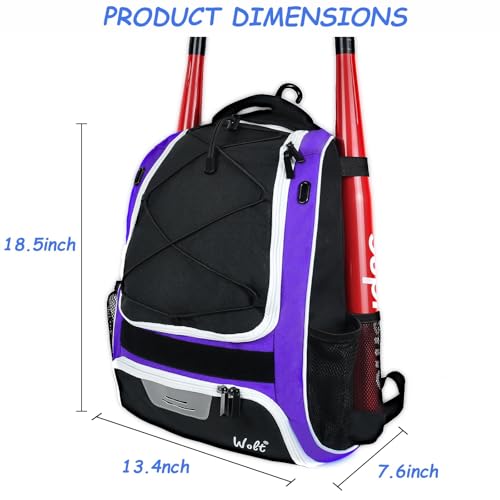 WOLT Youth Baseball Bag - Bat Backpack for Baseball, T-Ball & Softball Equipment & Gear, Bat & Glove Holder, Large Main Compartment for Helmet & accessories, Separate Shoes Compartment, Fence Hook - color: purple